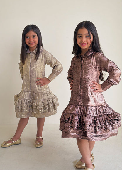 8250 Beige Metallic Dress For Girls
