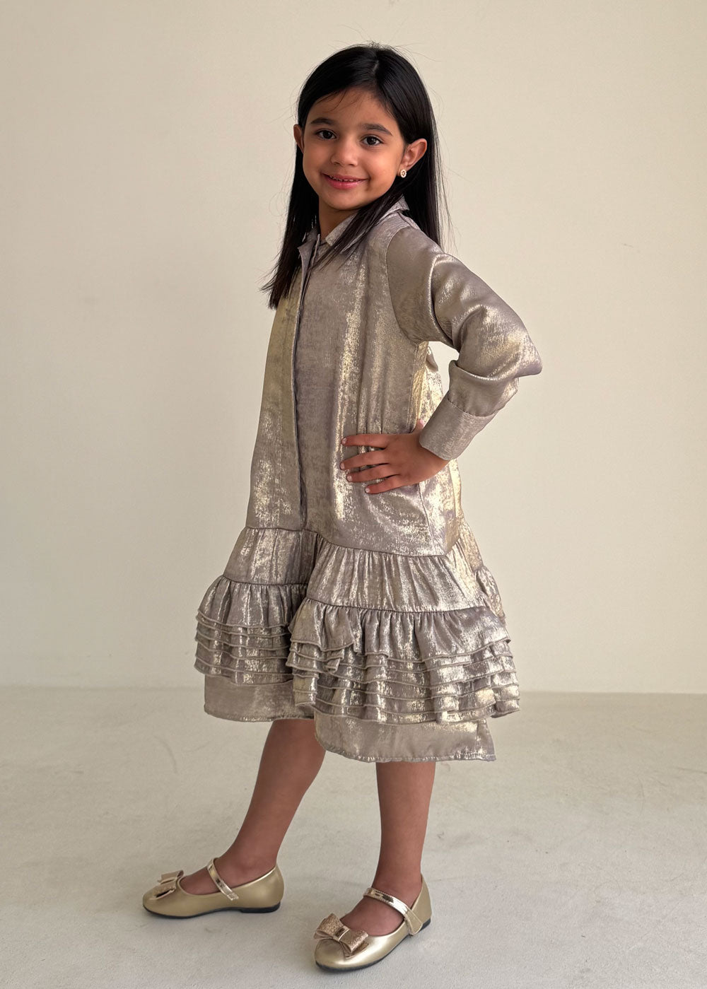 8250 Beige Metallic Dress For Girls