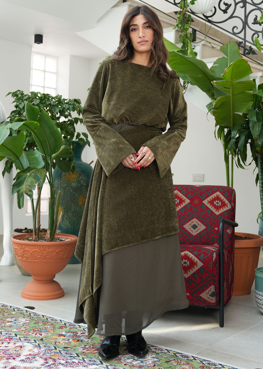 8086 Olive Green Velvet Daraa Set For Women