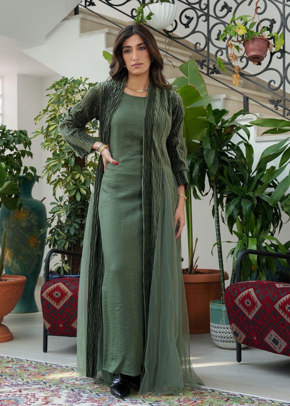 8086 Olive Green Velvet Daraa Set For Women