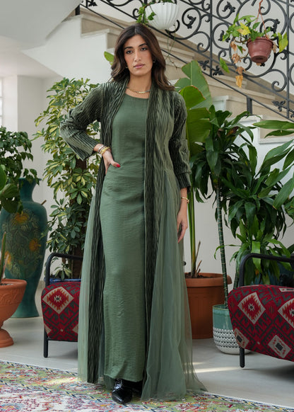 8086 Olive Green Velvet Daraa Set For Women