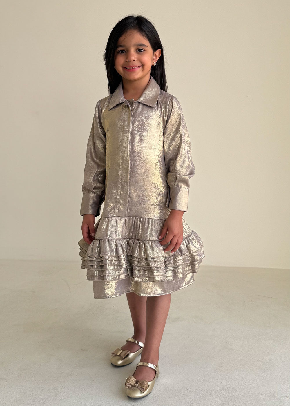 8250 Beige Metallic Dress For Girls