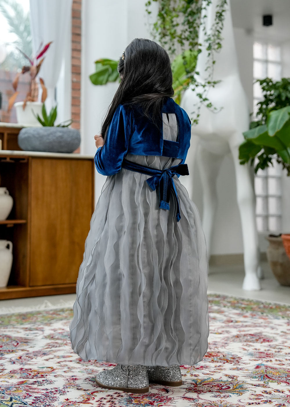 8042 Navy Daraa Velvet Set For Girls