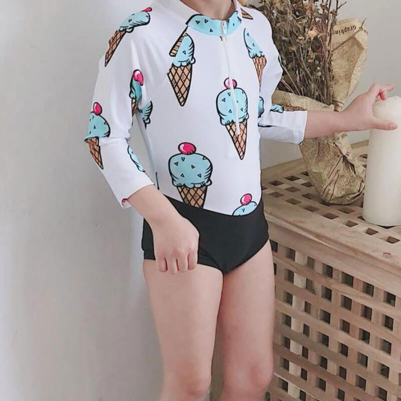 Front Zip Ice Cream Swimsuit with Swim Cap