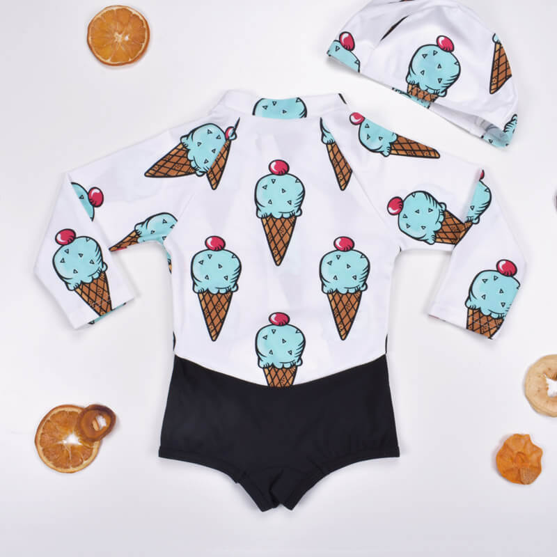 Front Zip Ice Cream Swimsuit with Swim Cap