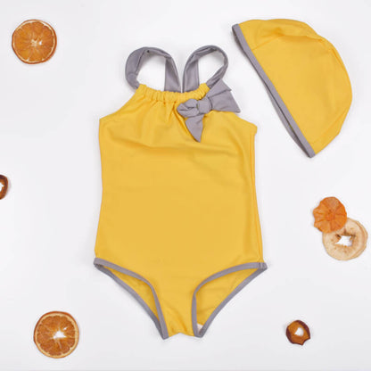 Yellow Swimsuit and Grey Bow with Swimming Cap