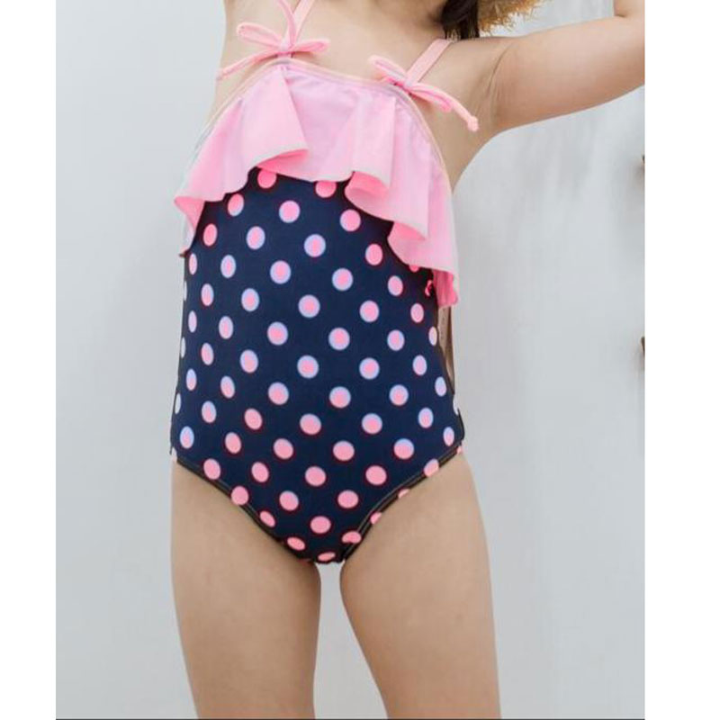 Black and Pink Polka Dot with Raffles Swimsuit with Swimming Cap