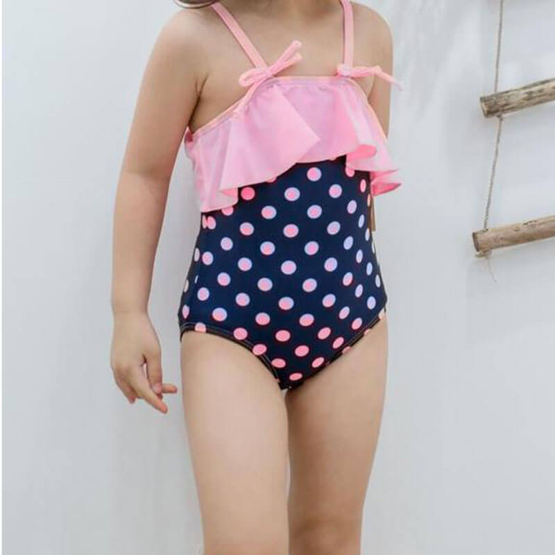 Black and Pink Polka Dot with Raffles Swimsuit with Swimming Cap