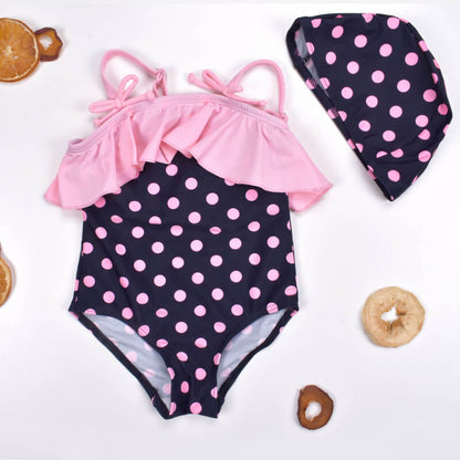 Black and Pink Polka Dot with Raffles Swimsuit with Swimming Cap