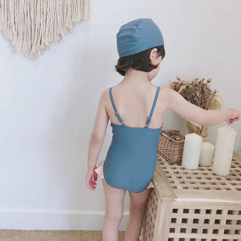 Grey Swimsuit with Pink Bow with Swimming Cap