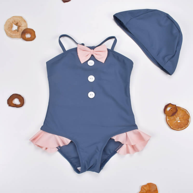 Grey Swimsuit with Pink Bow with Swimming Cap