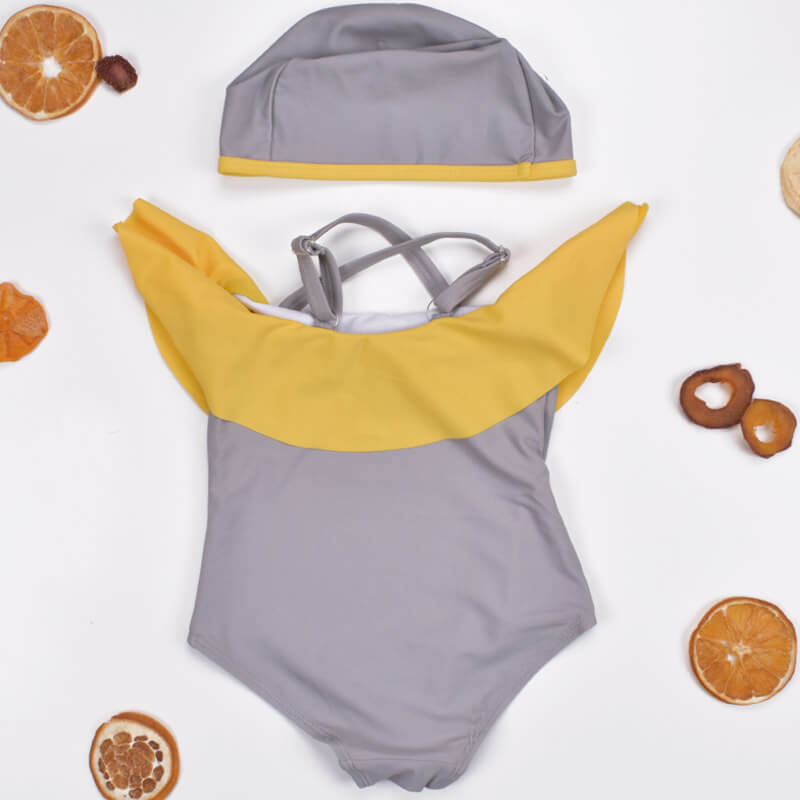 Grey Swimsuit with Yellow Rose and Kicks with Swimming Cap