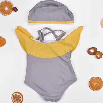 Grey Swimsuit with Yellow Rose and Kicks with Swimming Cap