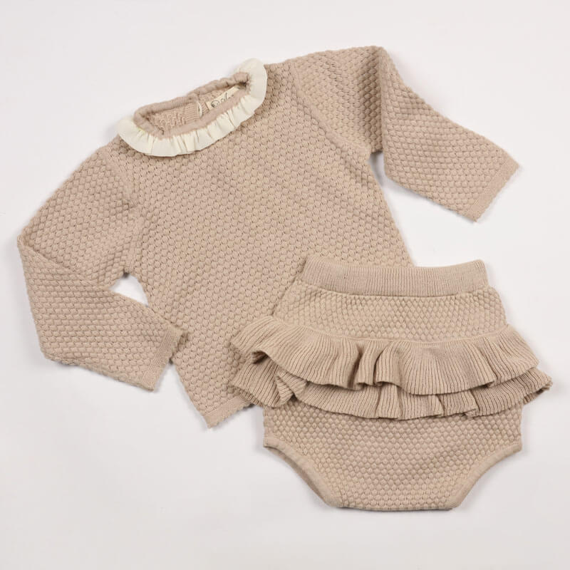 Set Of Two Beige Suit For Babies (With Name Embroidery)