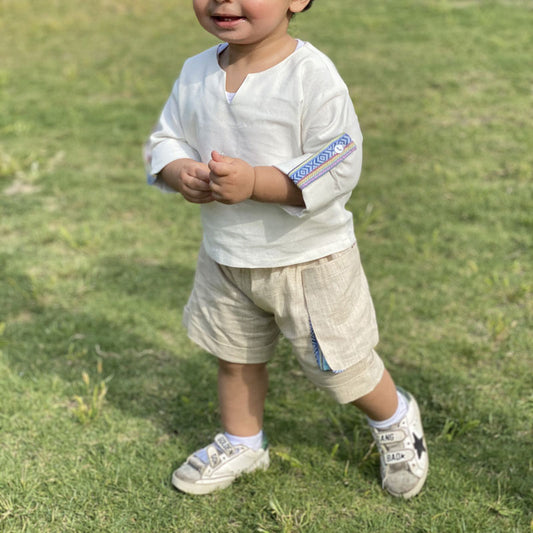 White And Blue Gergean Suit With Shorts For Boys (With Name Embroidery Option)