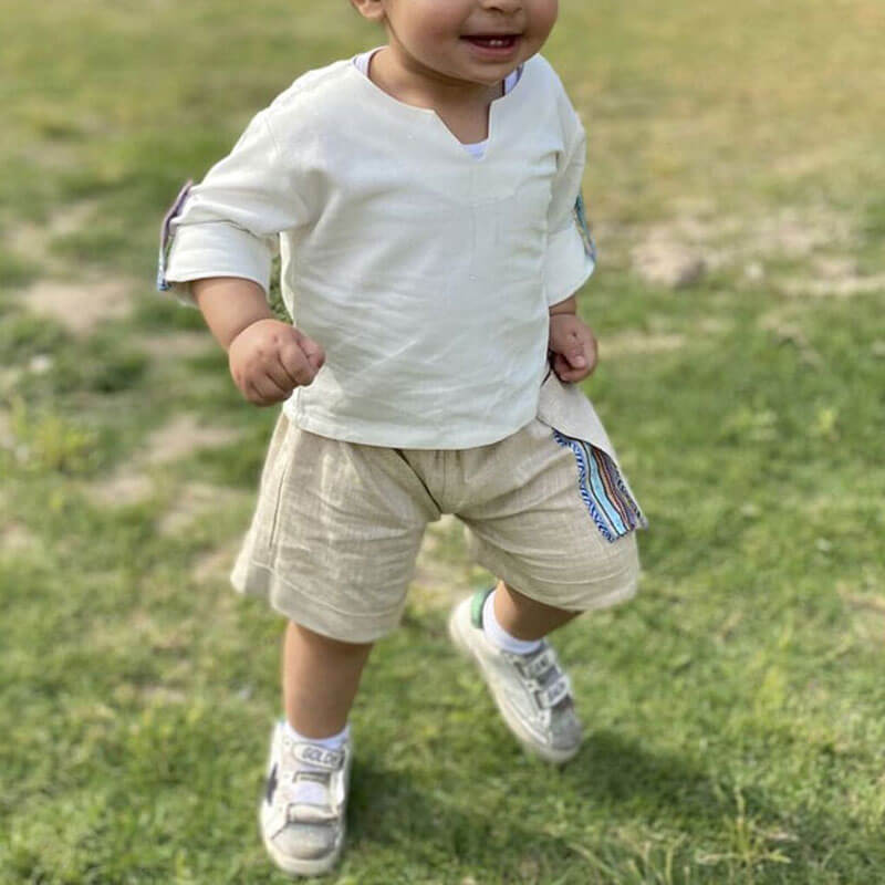 White And Blue Gergean Suit With Shorts For Boys (With Name Embroidery Option)