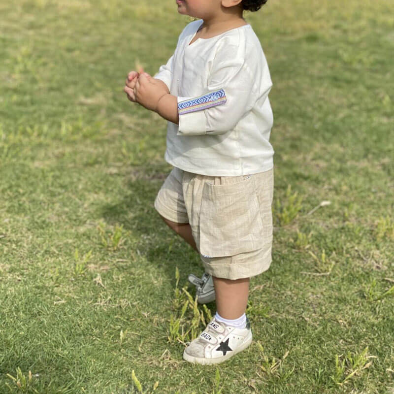 White And Blue Gergean Suit With Shorts For Boys (With Name Embroidery Option)