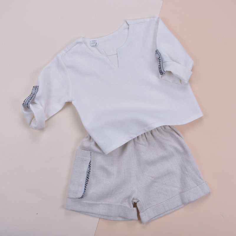 White And Black Gergean Suit With Shorts For Boys (With Name Embroidery Option)