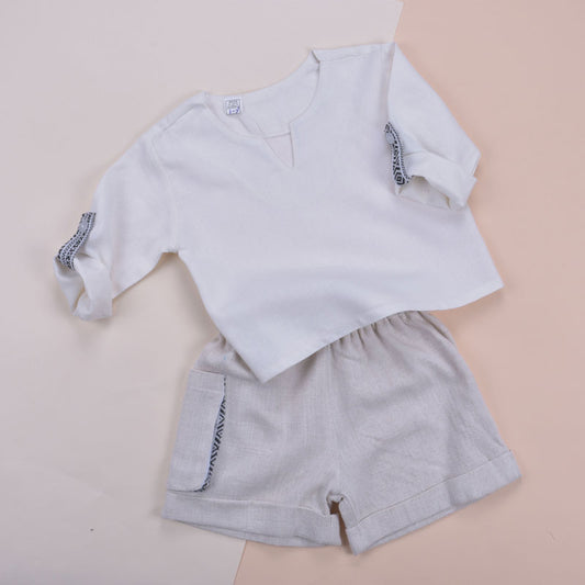 White And Black Gergean Suit With Shorts For Boys (With Name Embroidery Option)