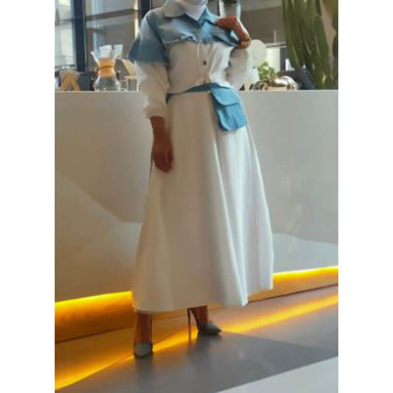 White And Blue Dress With Belt For Women