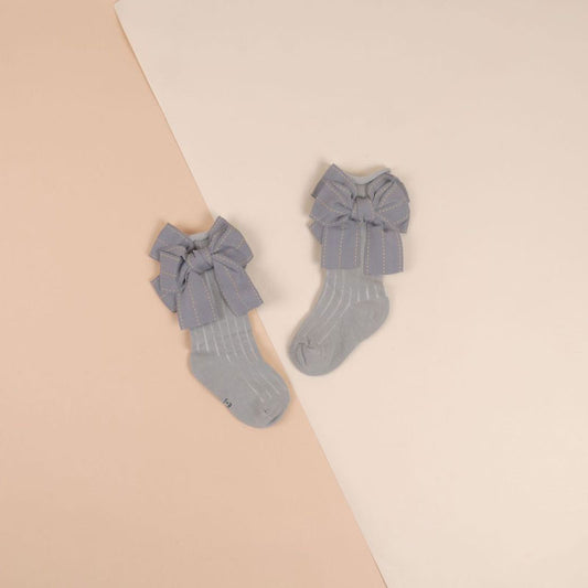 Grey Socks With Ribbon Pattern For Girls