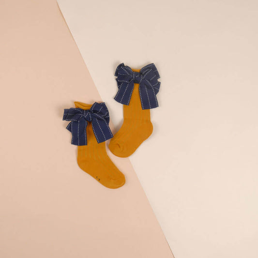 Yellow Socks With Ribbon Pattern For Girls