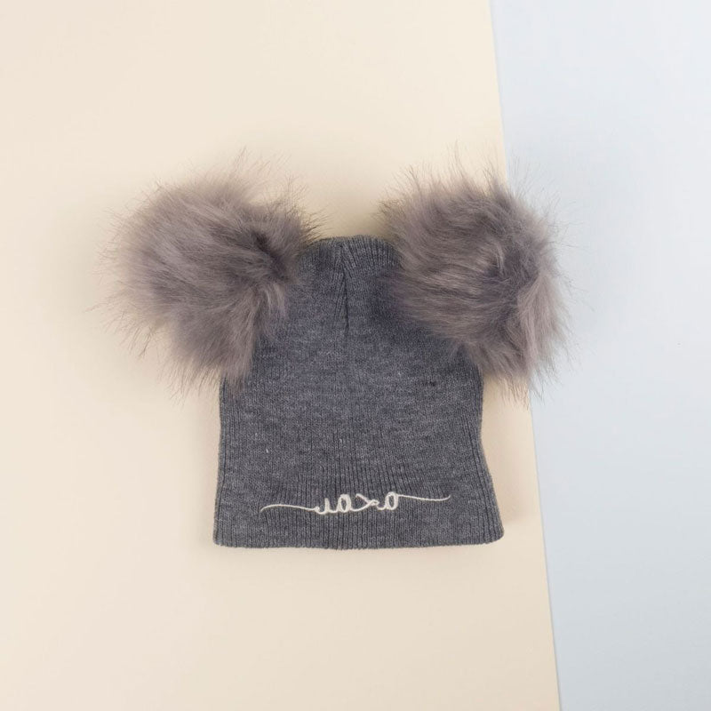 Grey Beenie Cap With Fur For Kids (With Name Embroidery) - Suitable For Below 2-years