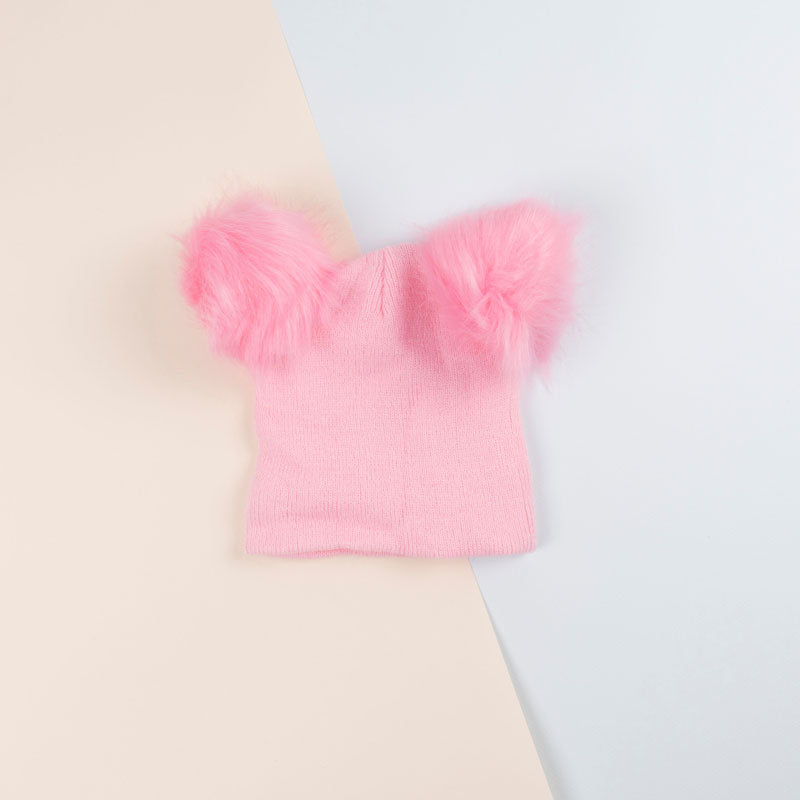 Pink Beenie Cap With Fur For Kids (With Name Embroidery) - Suitable For Below 2-years