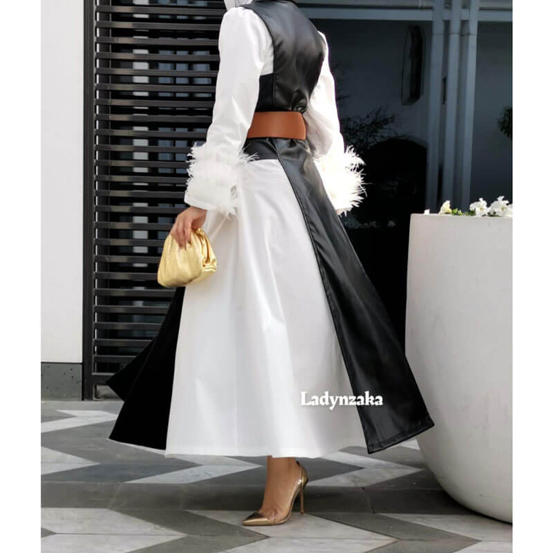 White Shirt Dress With Black Leather Vest Set For Women