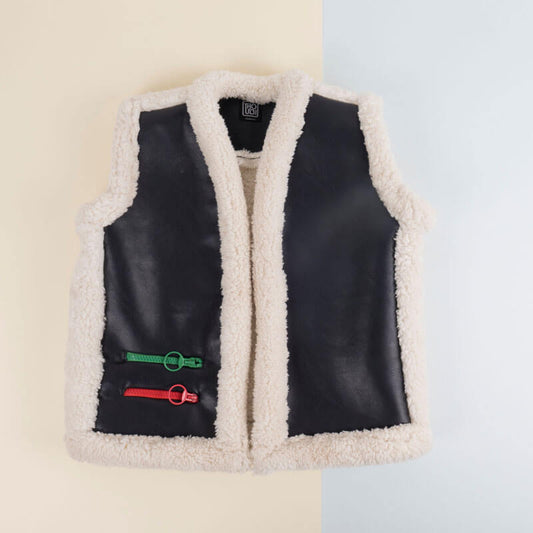 Black Classic Fur Vest For Kids (With Name Embroidery Option)