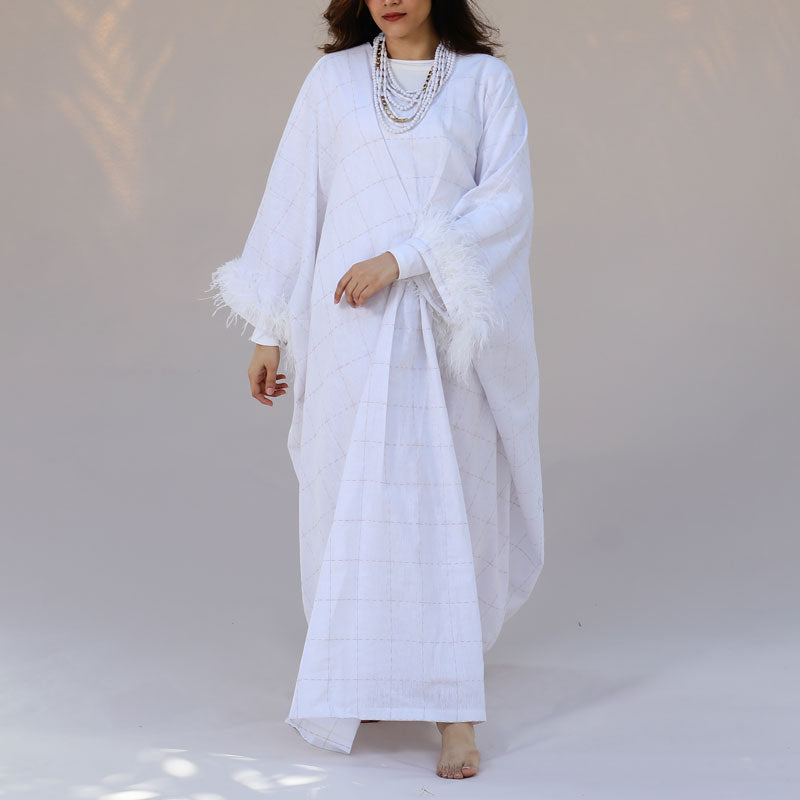 Pearl White Daraa With Feather Sleeves For Women