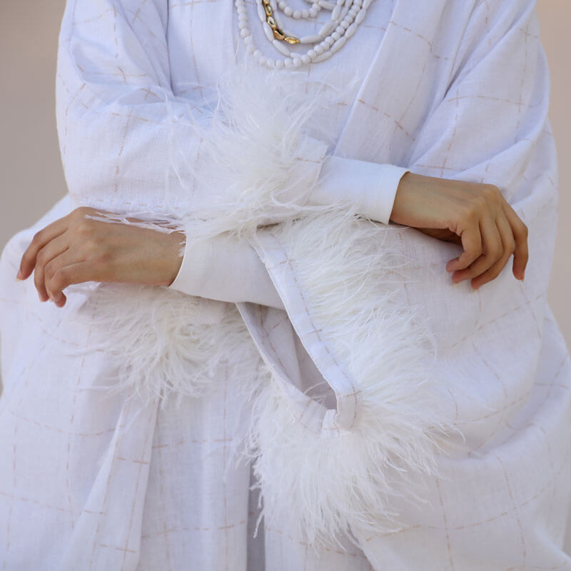 Pearl White Daraa With Feather Sleeves For Women