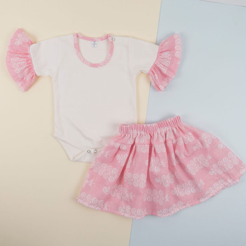 Set Of Two White And Pink Gergean Suit For Girls (With Name Embroidery)