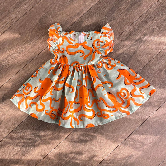 Orange Octopus Print Dress For Girls