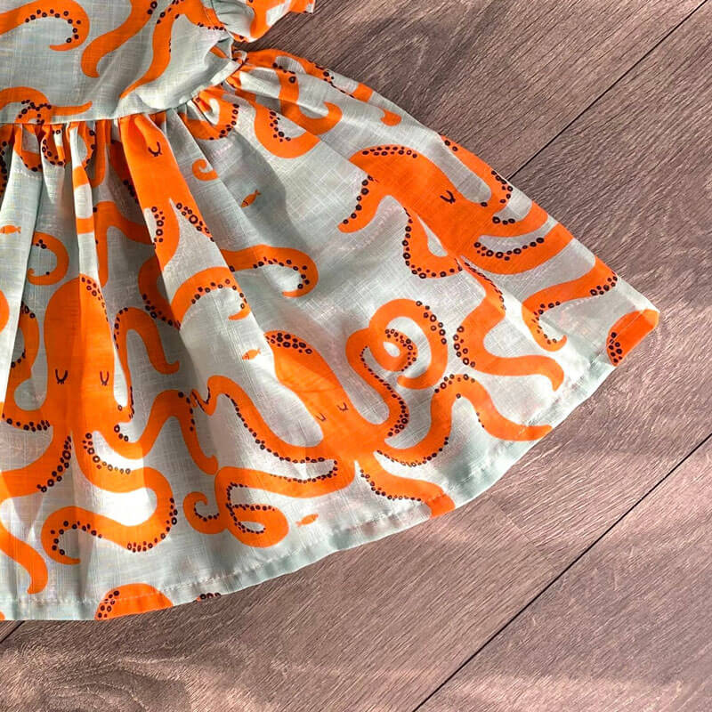 Orange Octopus Print Dress For Girls