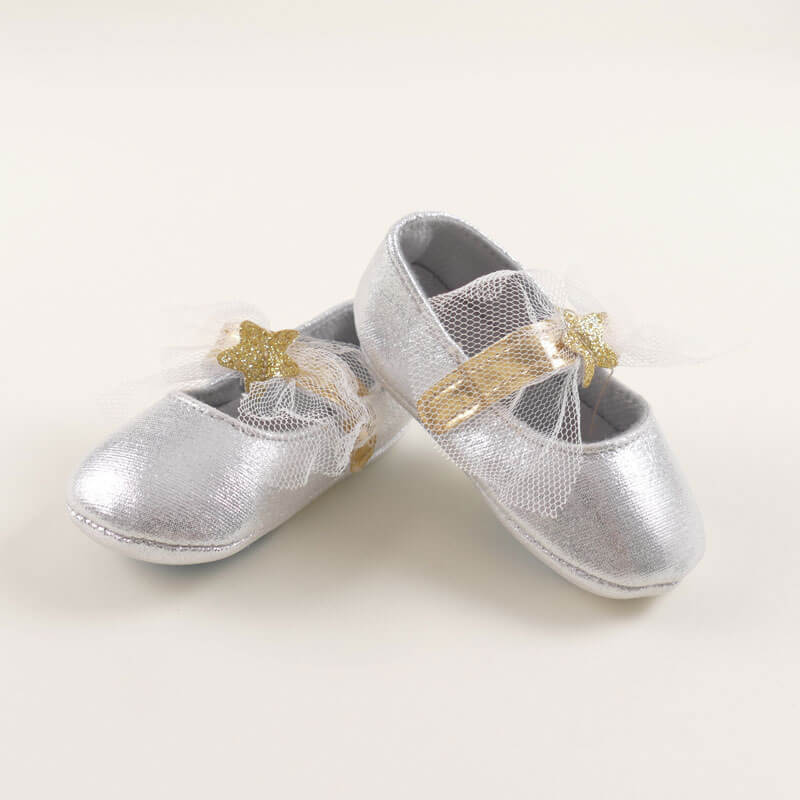 Silver Glossy Shoe With Ribbon For Baby Girl