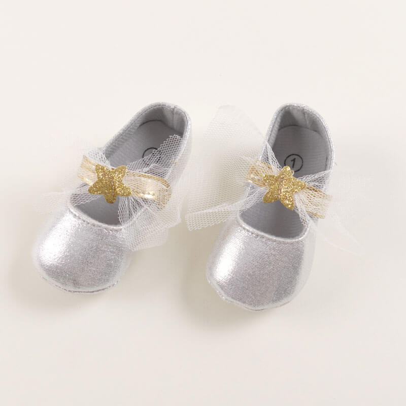 Silver Glossy Shoe With Ribbon For Baby Girl