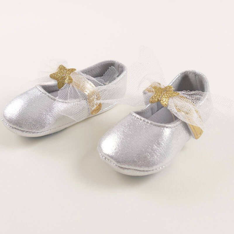 Silver Glossy Shoe With Ribbon For Baby Girl