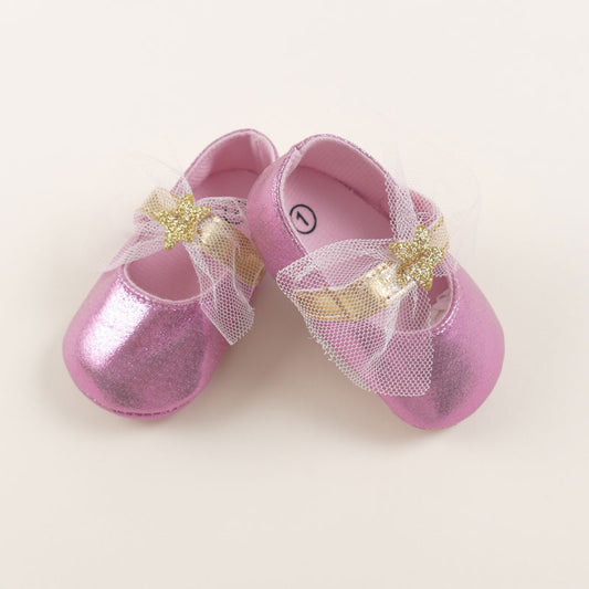 Pink Glossy Shoe With Ribbon For Baby Girl