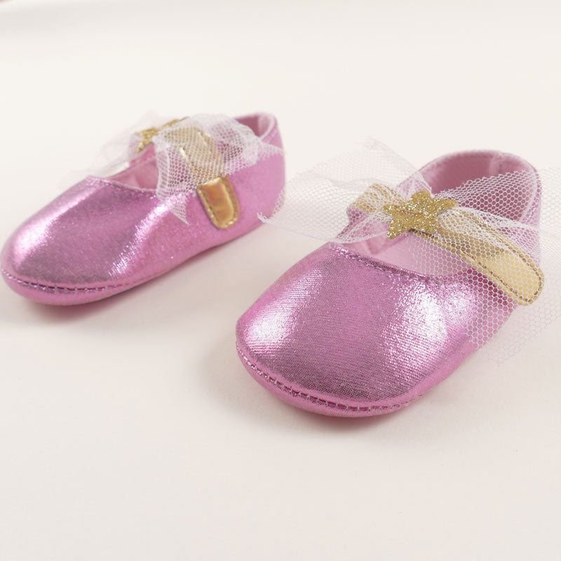 Pink Glossy Shoe With Ribbon For Baby Girl