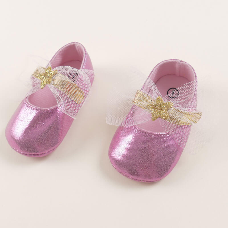 Pink Glossy Shoe With Ribbon For Baby Girl