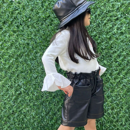 Black Leather Shorts With Hat For Girls