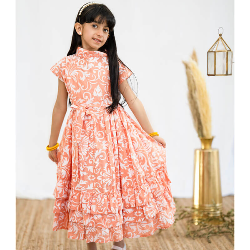 Orange And White Floral Daraa For Girls