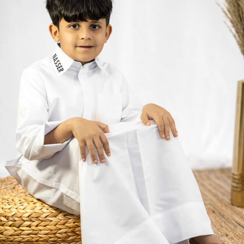 Traditional Kuwaiti Collar Dishdasha For Boys (With Name Printing Option)