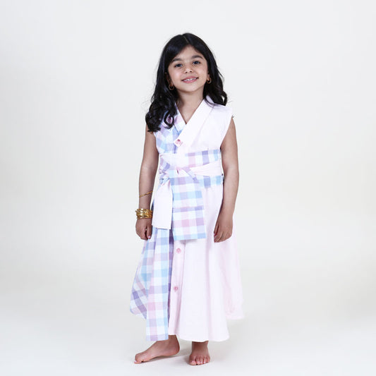 Pink Checkered Summer Dress WIth Belt For Girls