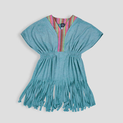 Turquoise Sadu Towel Dress For Girls (With Name Embroidery Option)