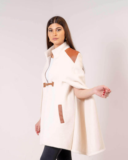 White Cape Jacket With Brown Shoulder For Women