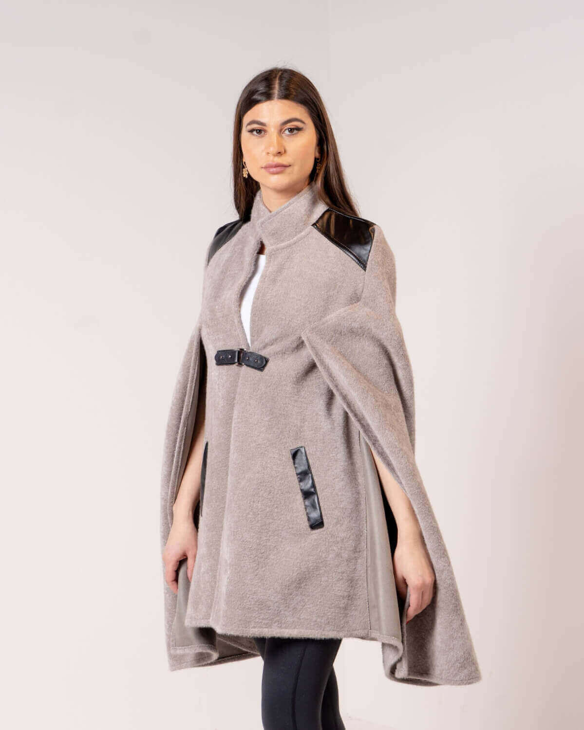 Grey Cape Jacket With Black Shoulder For Women