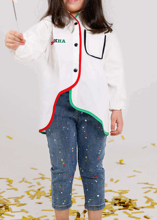 White Cut Shirt With Kuwait Lines For Girls 23PSSTB46 (With Name Embroidery Option)