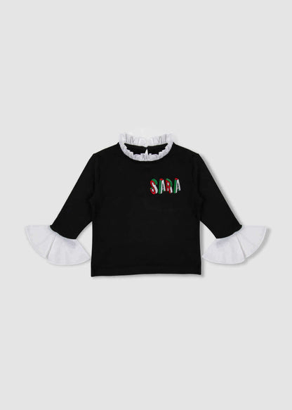 Black Top With White Cuffs And Collar For Girls 23SS0TB467172 -3D Edition (With Name Embroidery)